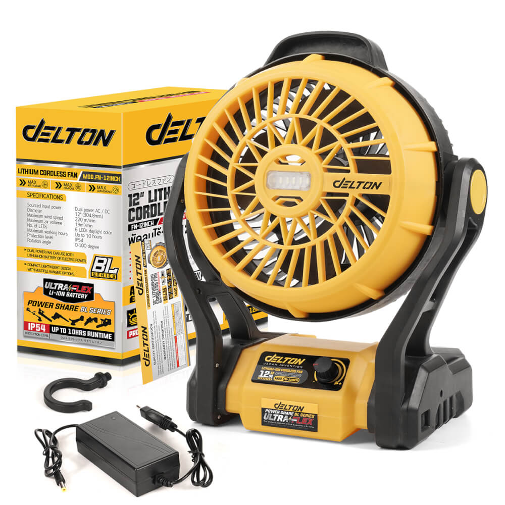 พัดลมไร้สาย 12 นิ้ว (พร้อมแบตเตอรี่) DELTON รุ่น FN-12INCH ULTRAFLEX 20V 4AH